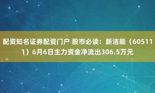配资知名证券配资门户 股市必读：新洁能（605111）6月6日主力资金净流出306.5万元